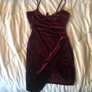 Maroon velvet Windsor asymmetrical mini dress